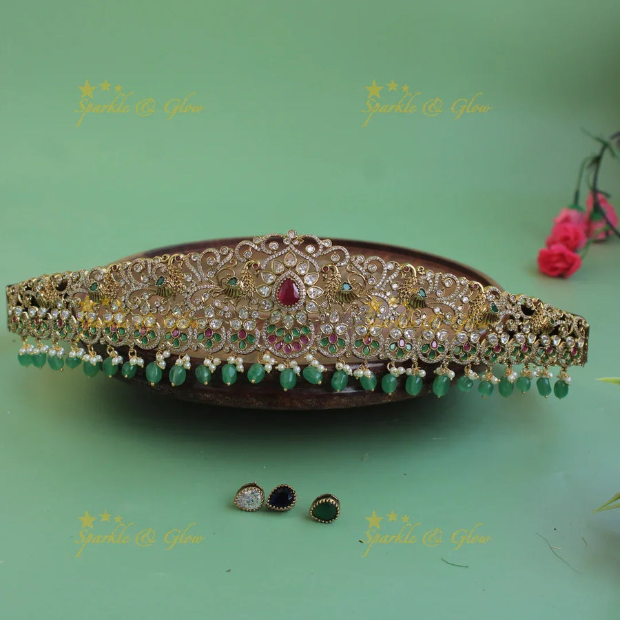 Grand Peacock carved floral gold finish victorian ad hipbelt with interchangeable stones and mint green beads - Sparkle and Glow