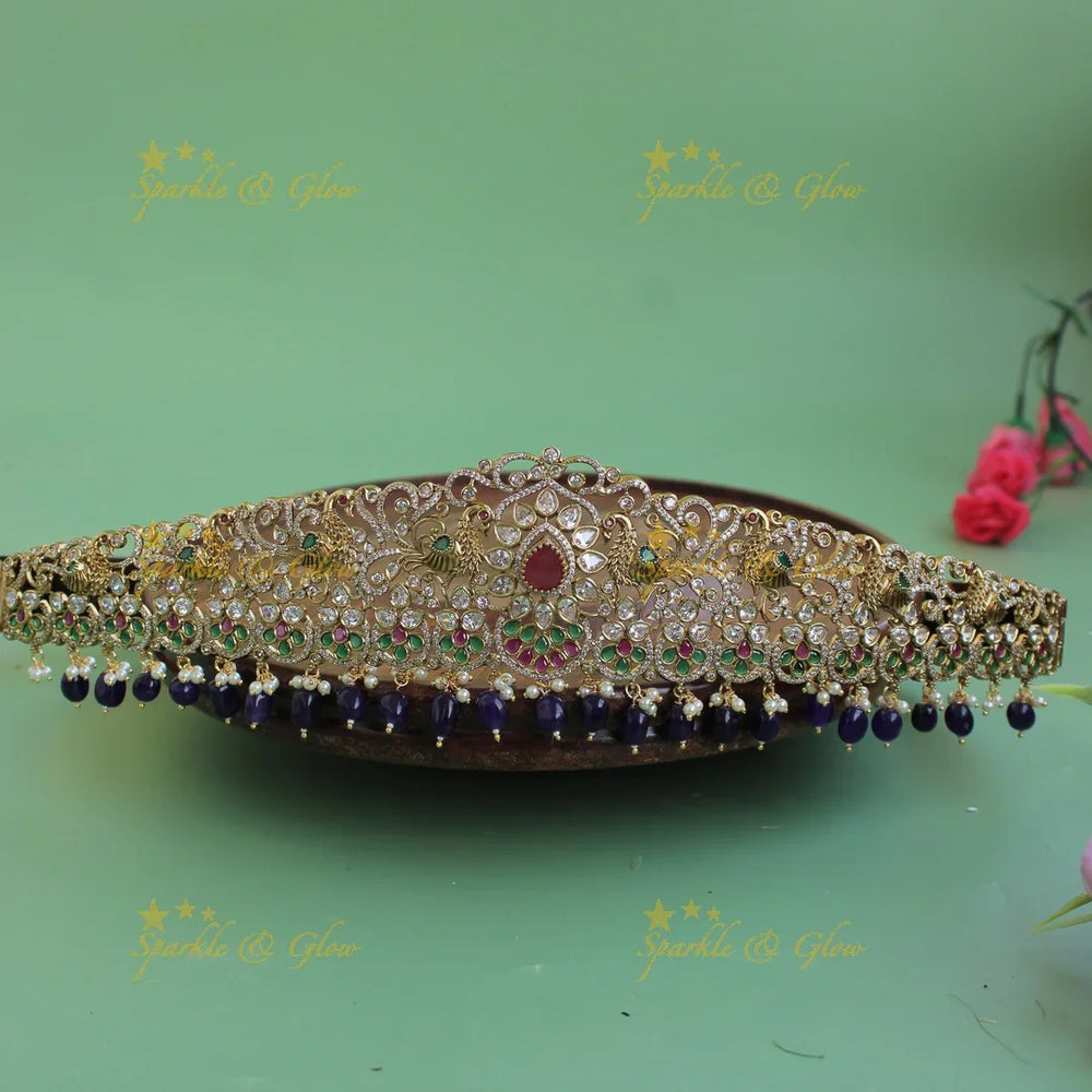 Grand Peacock carved floral gold finish victorian ad hipbelt with interchangeable stones and mint green beads - Sparkle and Glow