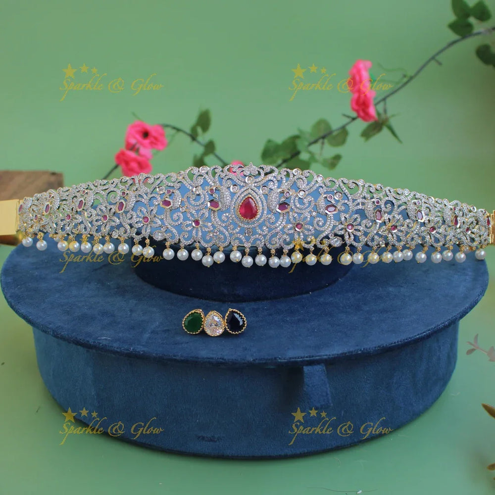 Gorgepus Peacock Floral design american diamond hipbelt with interchangeable stones and pearl drops-ruby - Sparkle and Glow