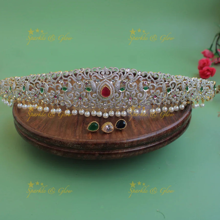 Gorgepus Peacock Floral design american diamond hipbelt with interchangeable stones and pearl drops-ruby - Sparkle and Glow