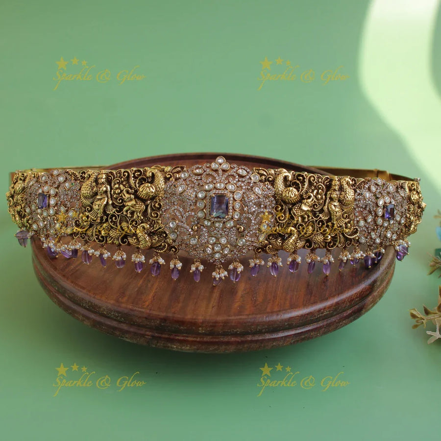Grand intricate Peacock elephant carved dual tone victorian ad hipbelt with purple beads and stones - Sparkle and Glow