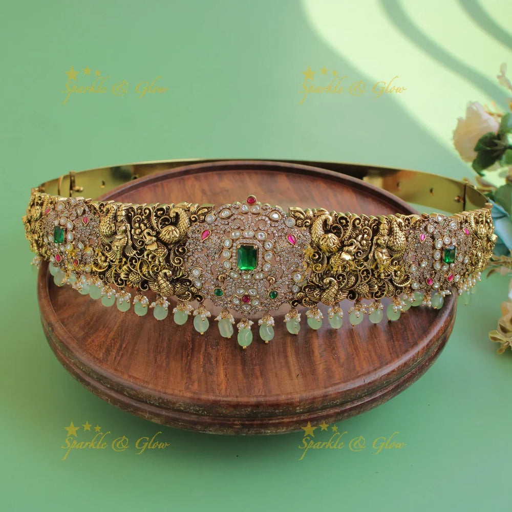Grand intricate Peacock elephant carved dual tone victorian ad hipbelt with purple beads and stones - Sparkle and Glow