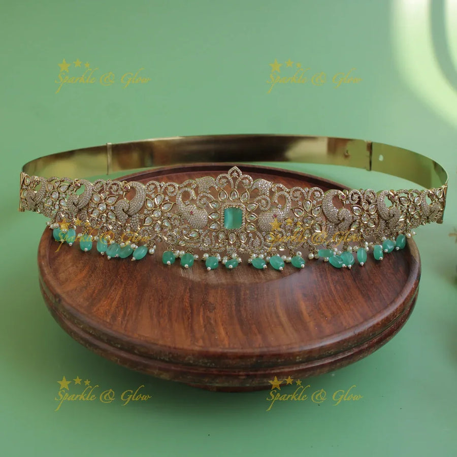 Elegant Peacock elephant carved gold finish victorian ad hipbelt with mint green beads and stones - Sparkle and Glow