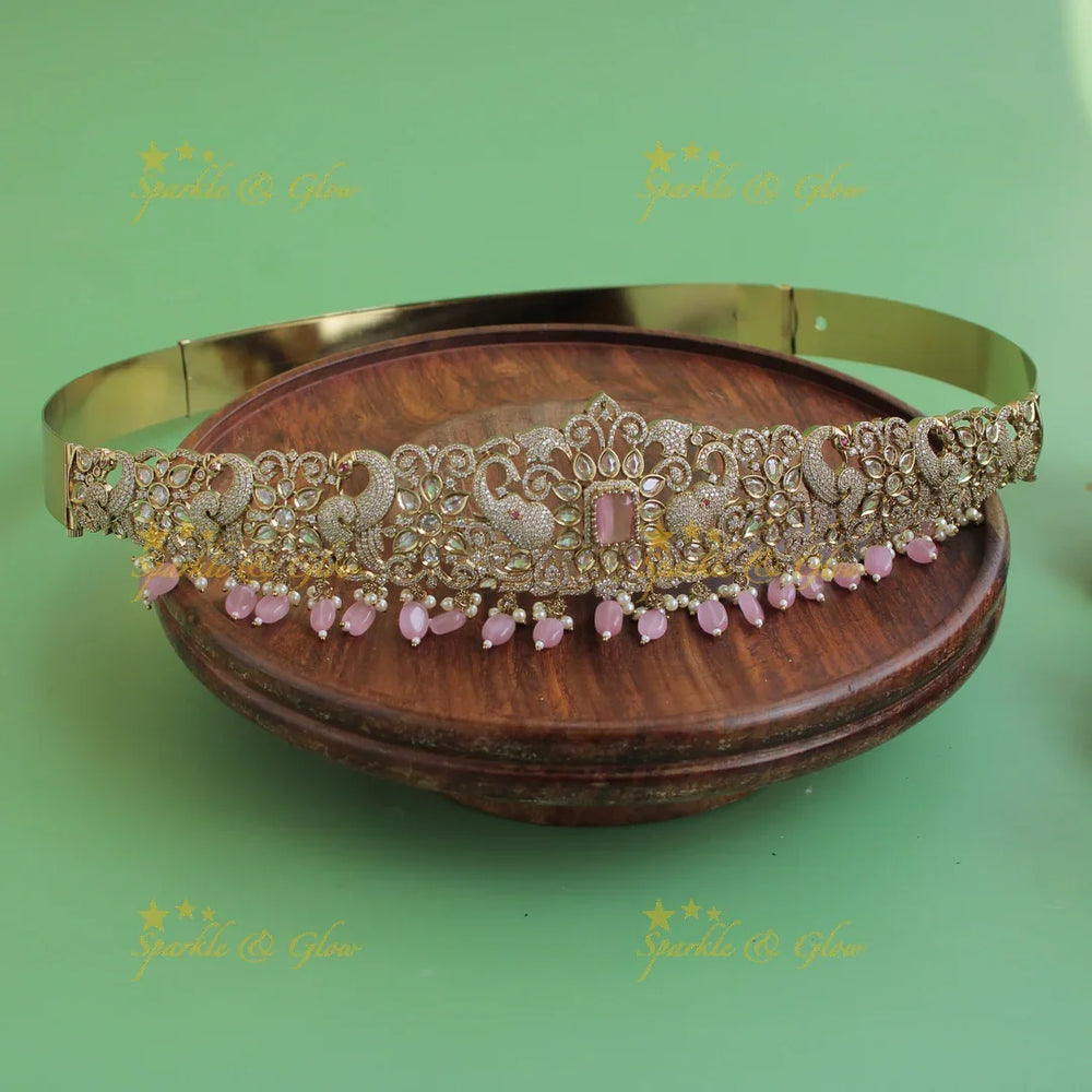 Elegant Peacock elephant carved gold finish victorian ad hipbelt with mint green beads and stones - Sparkle and Glow