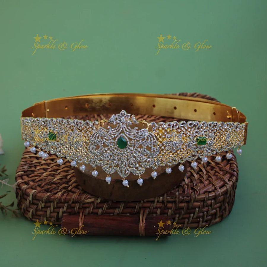 Gorgeous Peacock Floral design american diamond hipbelt with emerald and pearl drops - Sparkle and Glow