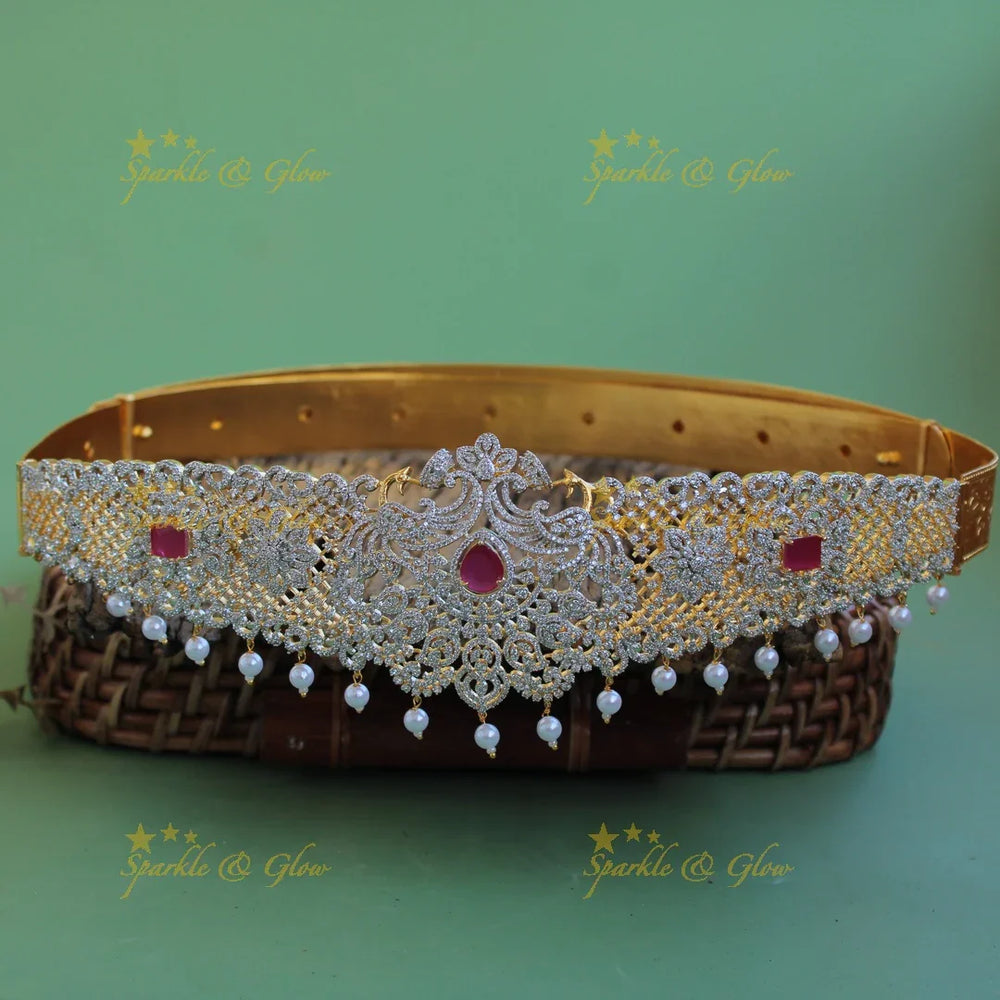 Gorgeous Peacock Floral design american diamond hipbelt with emerald and pearl drops - Sparkle and Glow