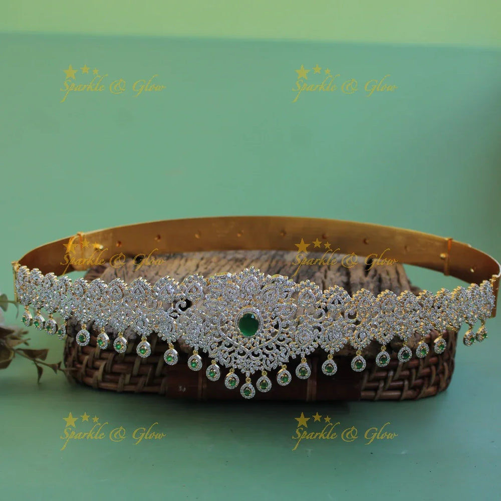 Grand Floral leaf design american diamond hipbelt with emerald and water drops - Sparkle and Glow