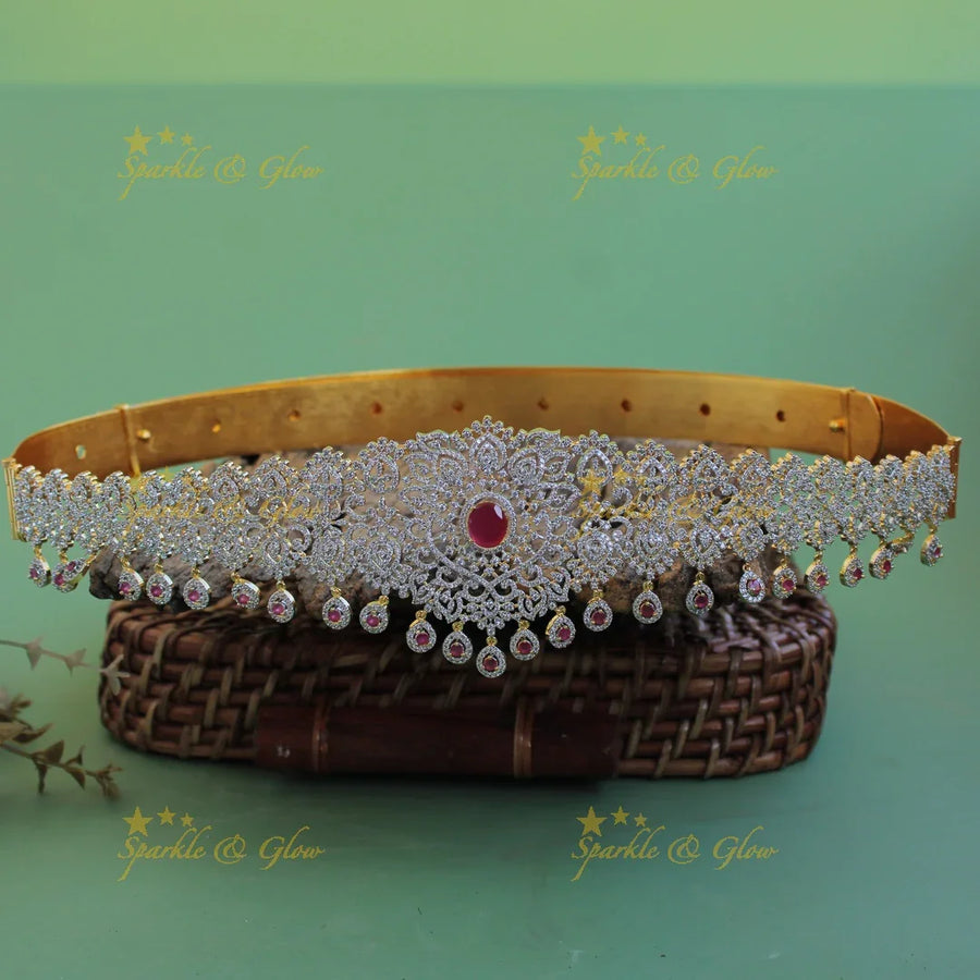 Grand Floral leaf design american diamond hipbelt with emerald and water drops - Sparkle and Glow