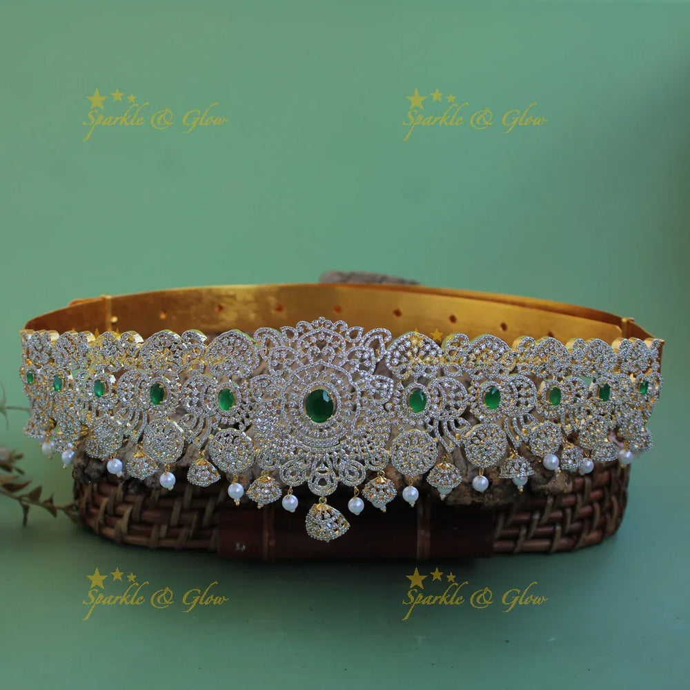 Sparkling Floral design american diamond hipbelt with ruby pearl and jhumuka drops - Sparkle and Glow