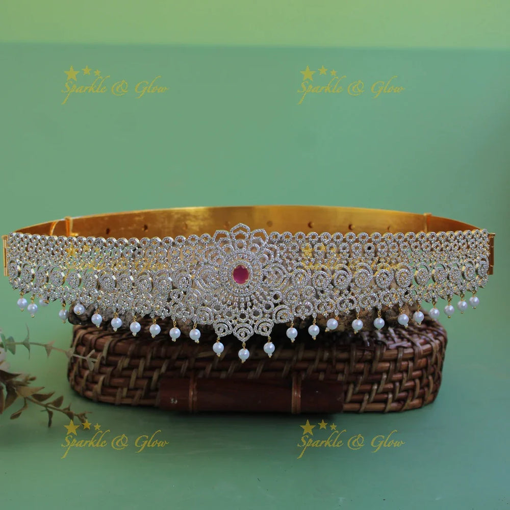 Statement Floral unique design american diamond hipbelt with ruby and pearl drops - Sparkle and Glow