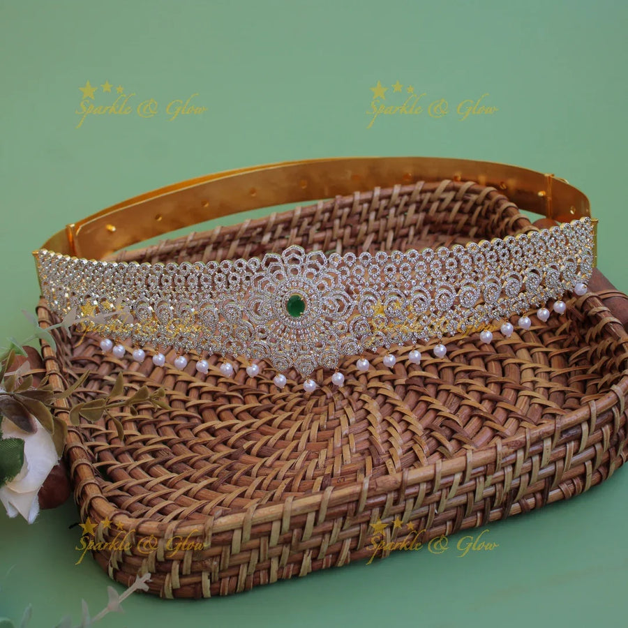 Statement Floral unique design american diamond hipbelt with ruby and pearl drops - Sparkle and Glow