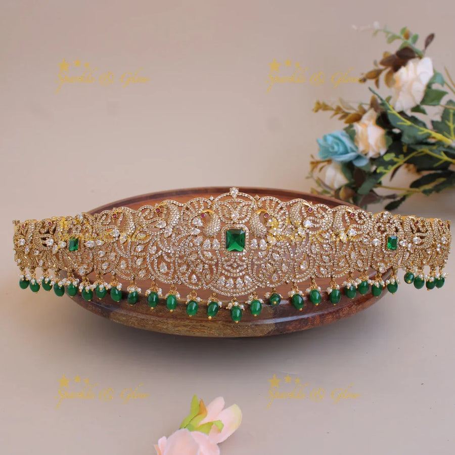 Beautiful Peacock design gold finish victorian ad hipbelt with green beads and stones - Sparkle and Glow