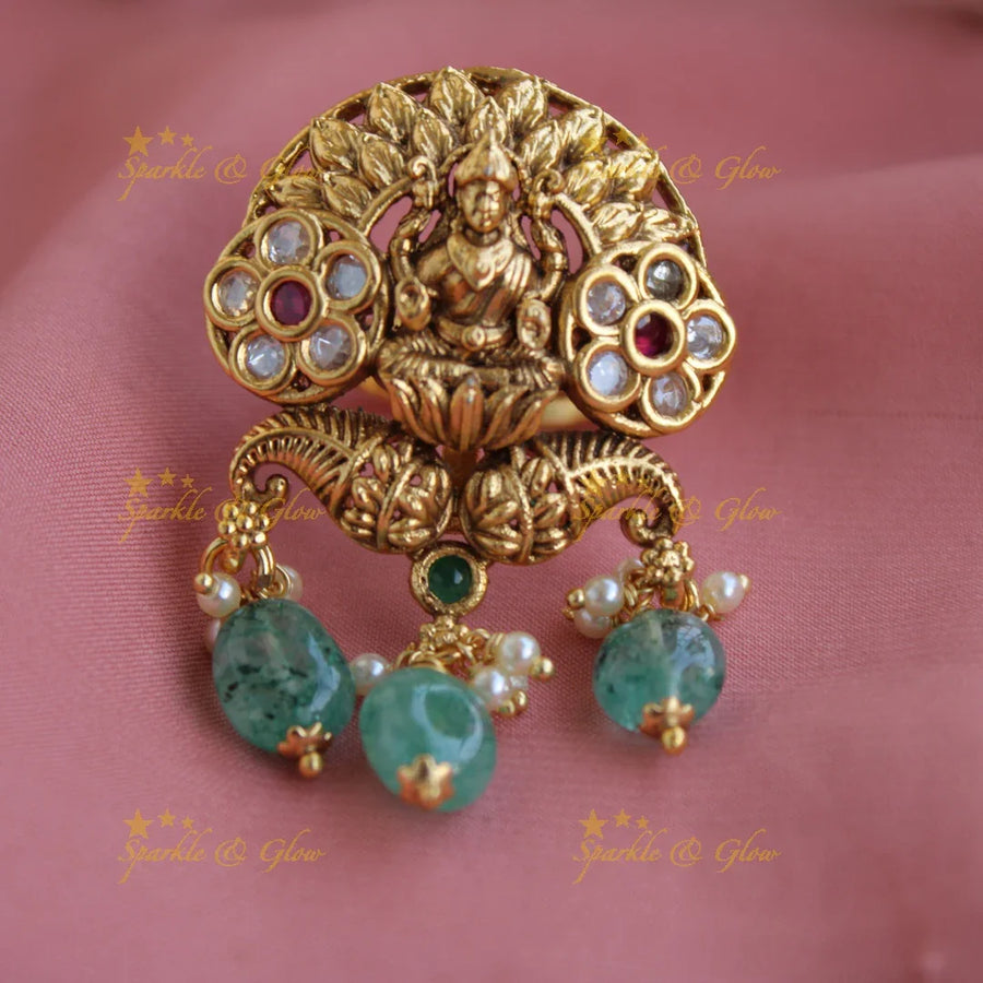 Gorgeous Lakshmi flower carved finger ring with stones pealrs and mint green beads - Sparkle and Glow