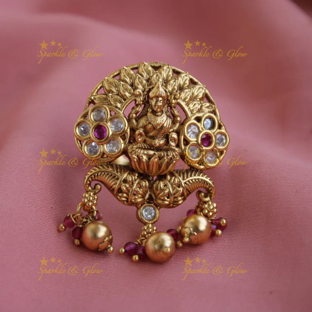 Gorgeous Lakshmi flower carved finger ring with stones pealrs and mint green beads - Sparkle and Glow