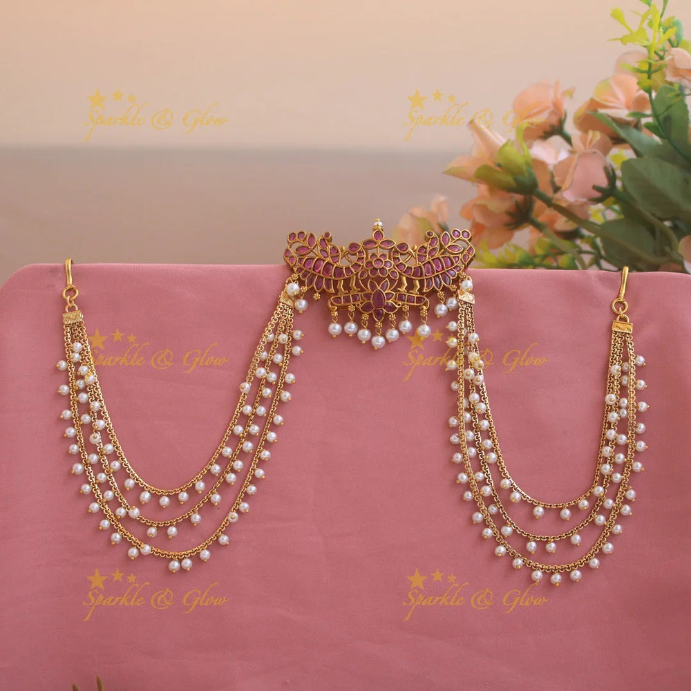 Elegant Peacock floral Jada billa with maatil with ruby emerald white stones and pearls - Sparkle and Glow