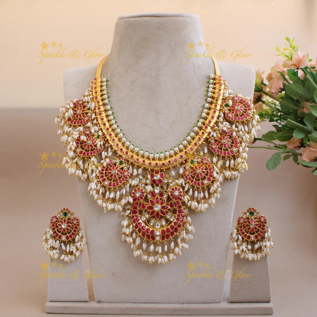Exquisite Floral peacock half moon design jadau long necklace with rice pearls - Sparkle and Glow