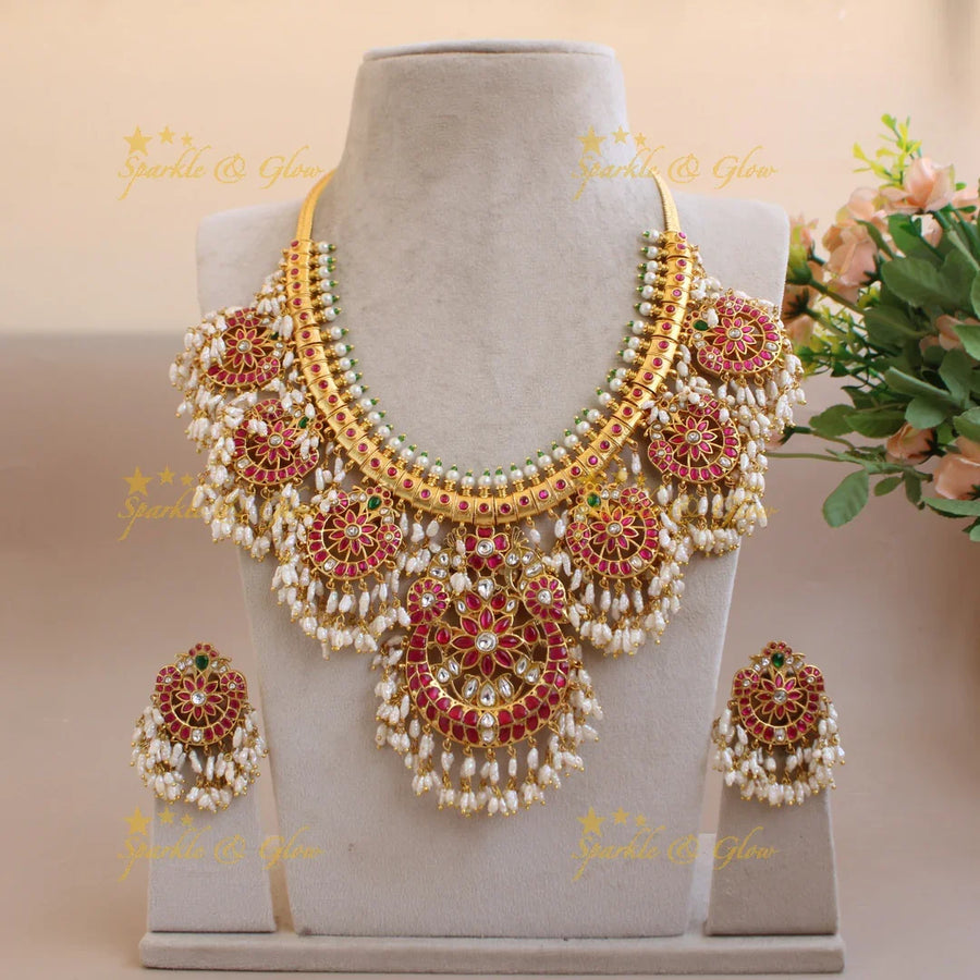 Exquisite Floral peacock half moon design jadau long necklace with rice pearls - Sparkle and Glow