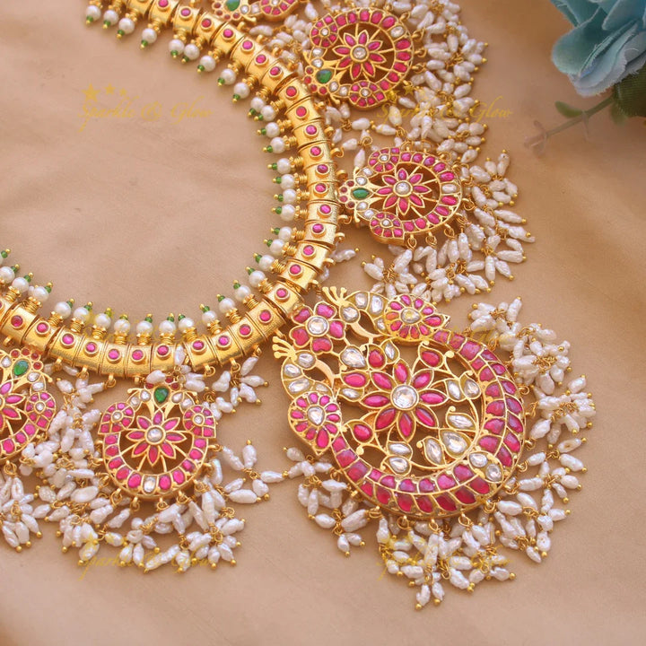 Exquisite Floral peacock half moon design jadau long necklace with rice pearls - Sparkle and Glow