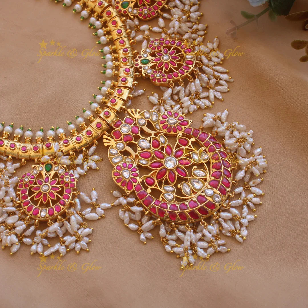 Exquisite Floral peacock half moon design jadau long necklace with rice pearls - Sparkle and Glow