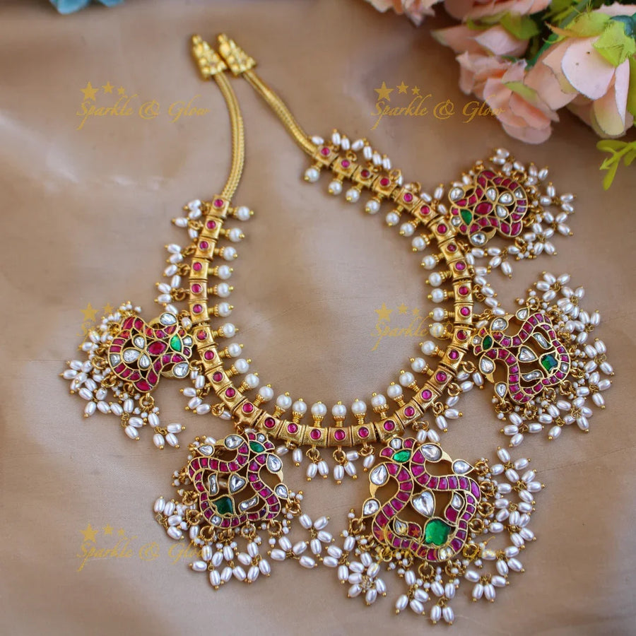 Elegant Peacock design gutta pusalu jadau short necklace with rice pearls - Sparkle and Glow