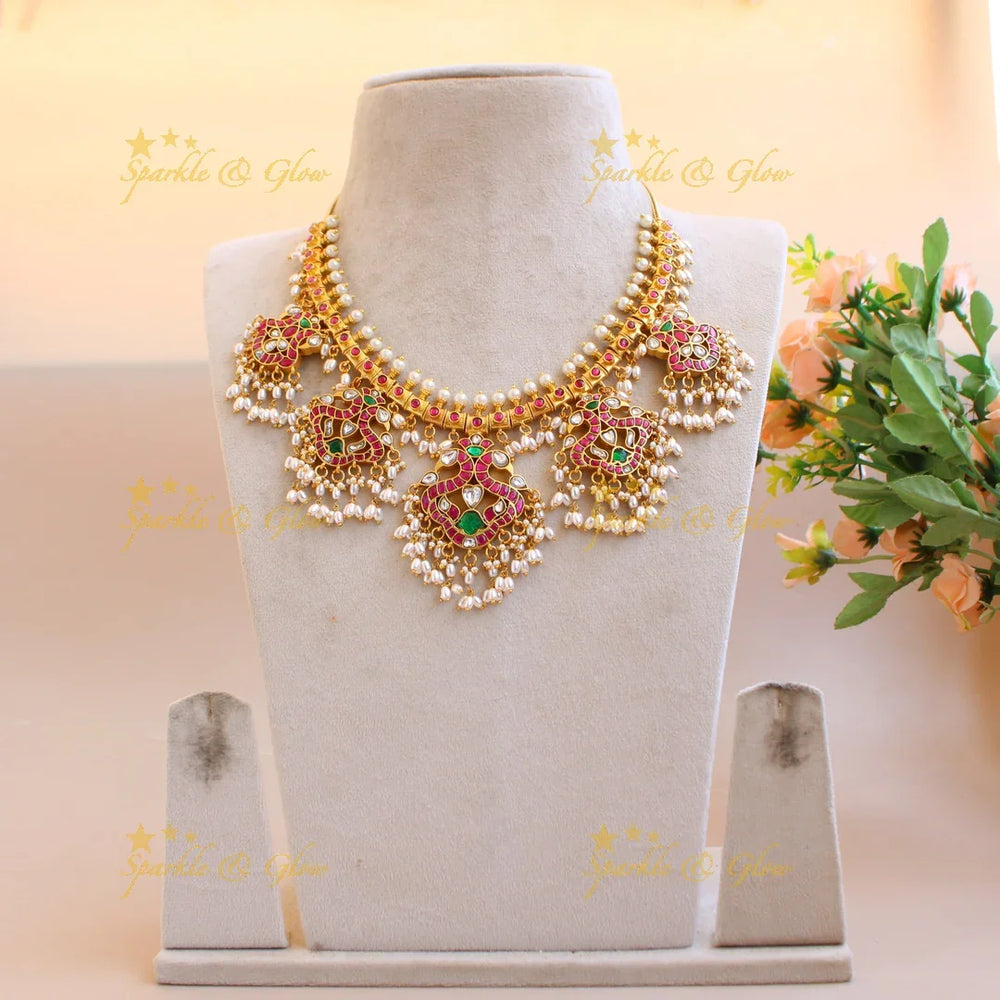Elegant Peacock design gutta pusalu jadau short necklace with rice pearls - Sparkle and Glow