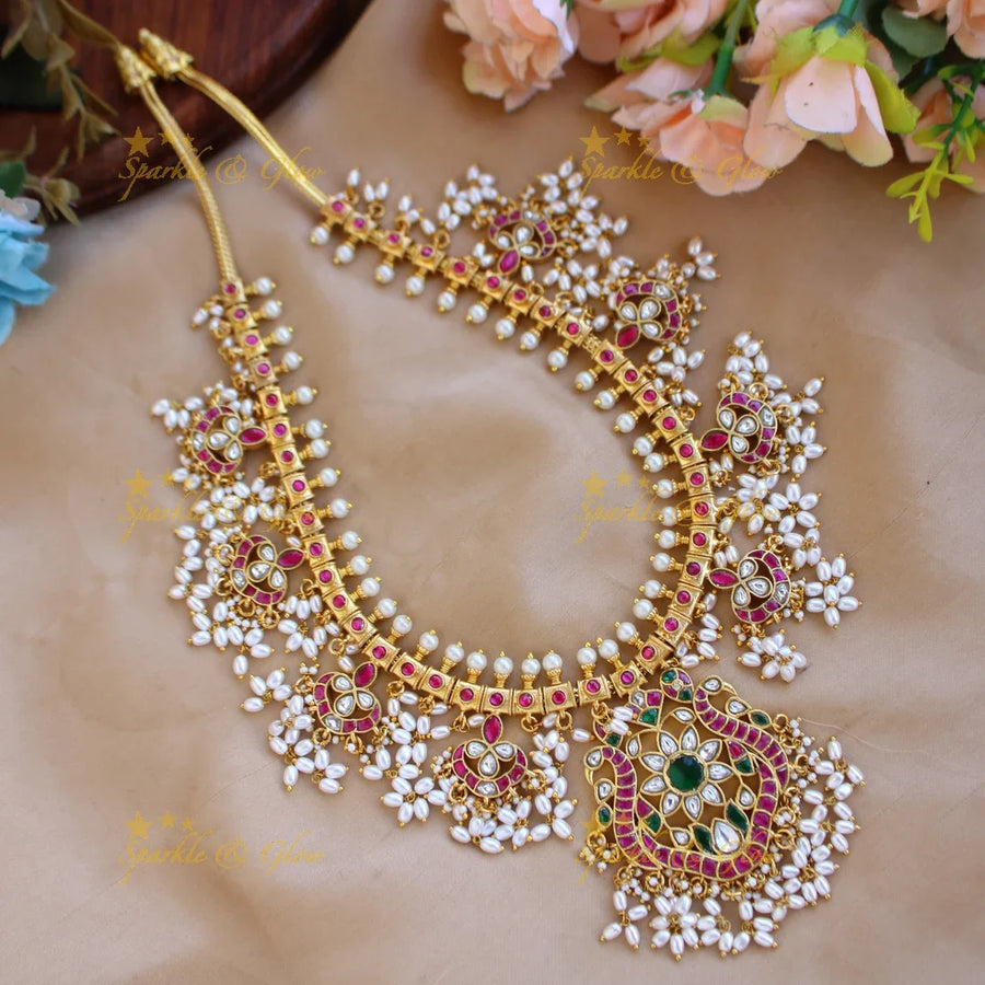 Gorgeous Peacock Floral design gutta pusalu jadau long necklace with rice pearls - Sparkle and Glow