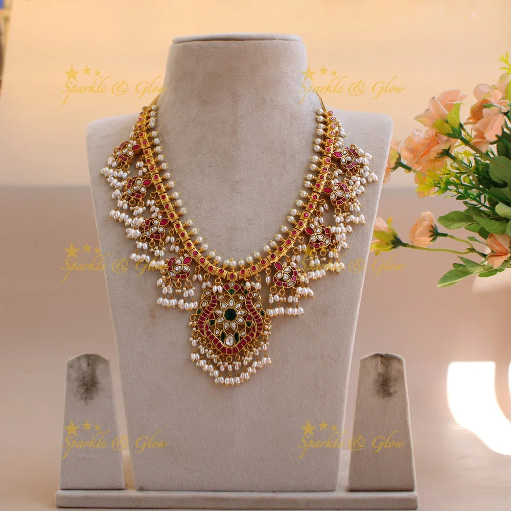 Gorgeous Peacock Floral design gutta pusalu jadau long necklace with rice pearls - Sparkle and Glow