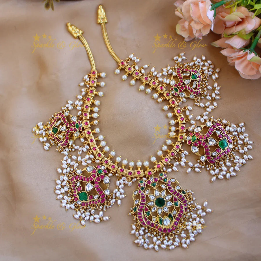 Stunning Peacock Floral design gutta pusalu jadau short necklace with rice pearls - Sparkle and Glow