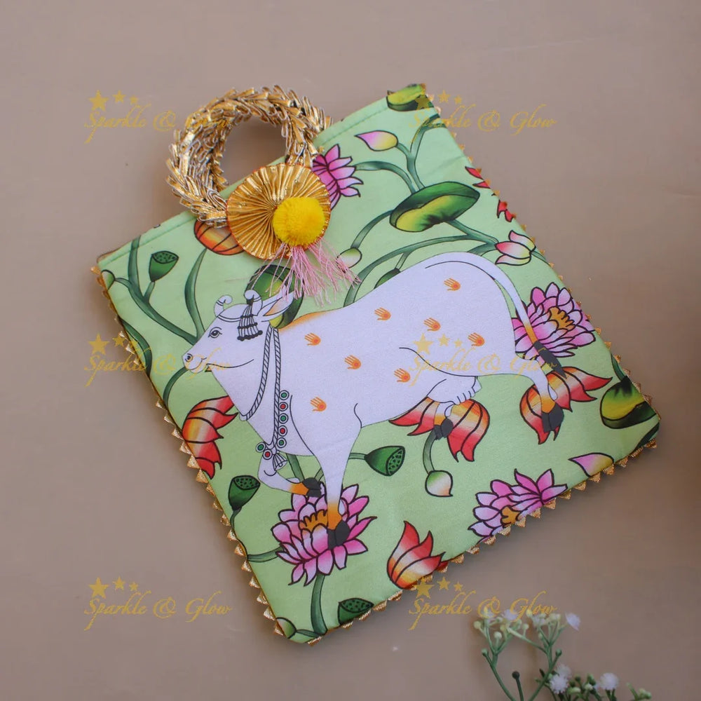 Elegant Pichwai print 8.5*8 inch rectangle bags round handle - Sparkle and Glow