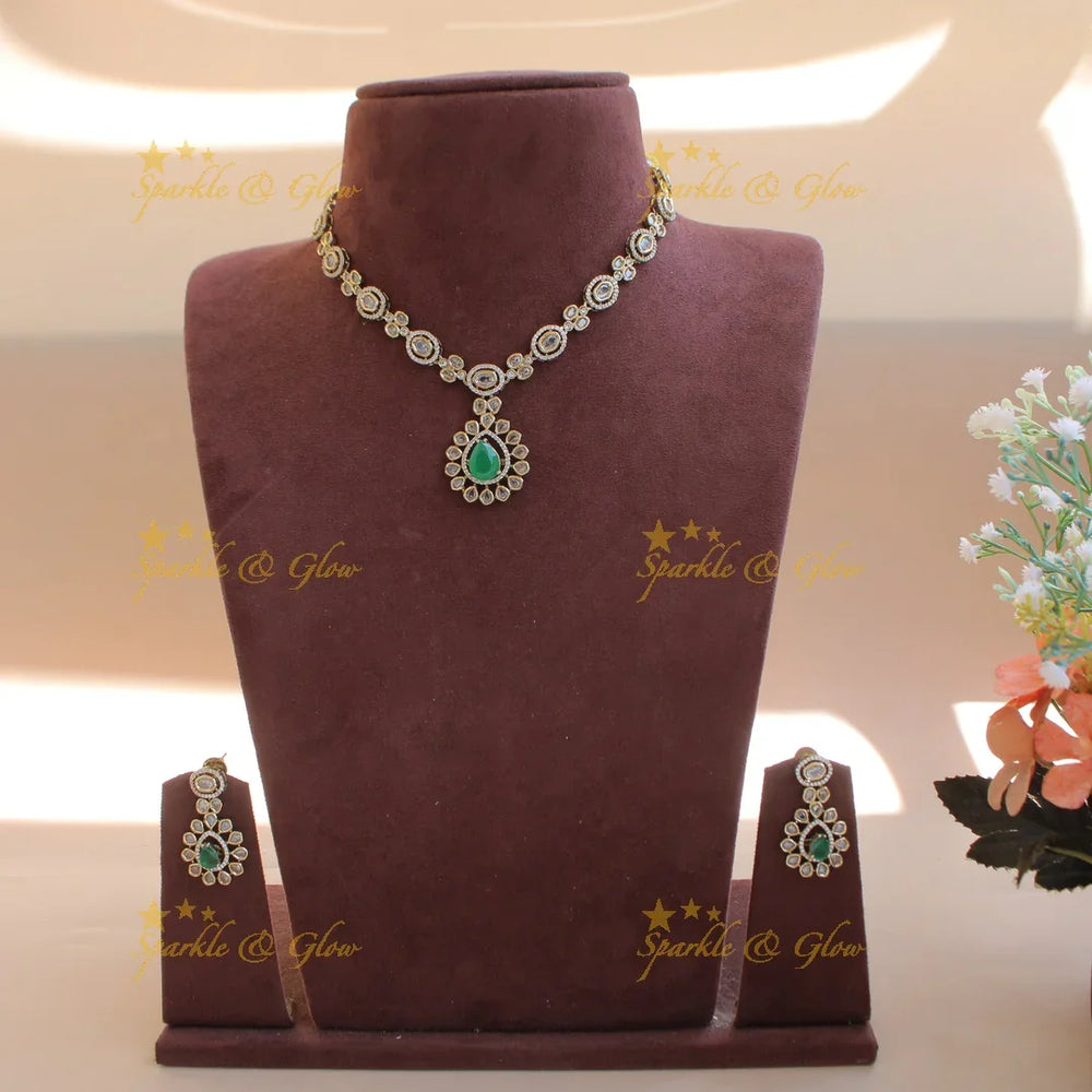 Beautiful INterchangeable stones Oval design victorian AD short necklace with green stone - Sparkle and Glow