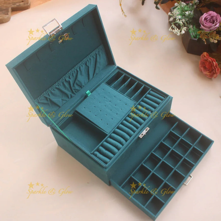 Stunning Square Box type multiple section jewellery organiser- Green - Sparkle and Glow