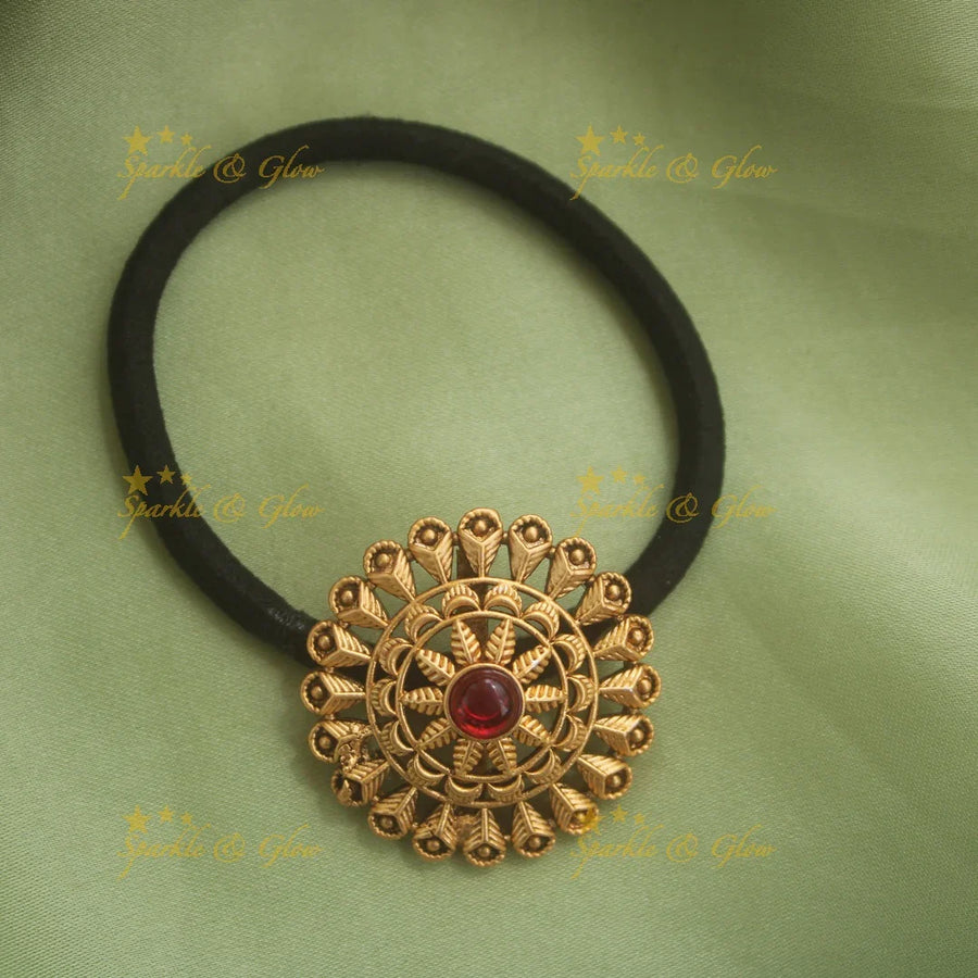 Gold alike floral design hair band with red stone - Sparkle and Glow