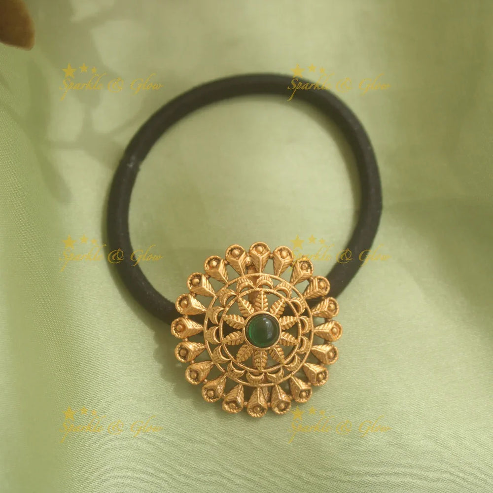 Gold alike floral design hair band with red stone - Sparkle and Glow