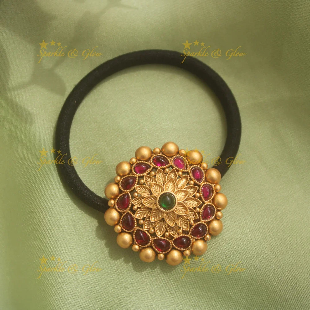 Gold alike floral design hair band with red stones and gold beads - Sparkle and Glow