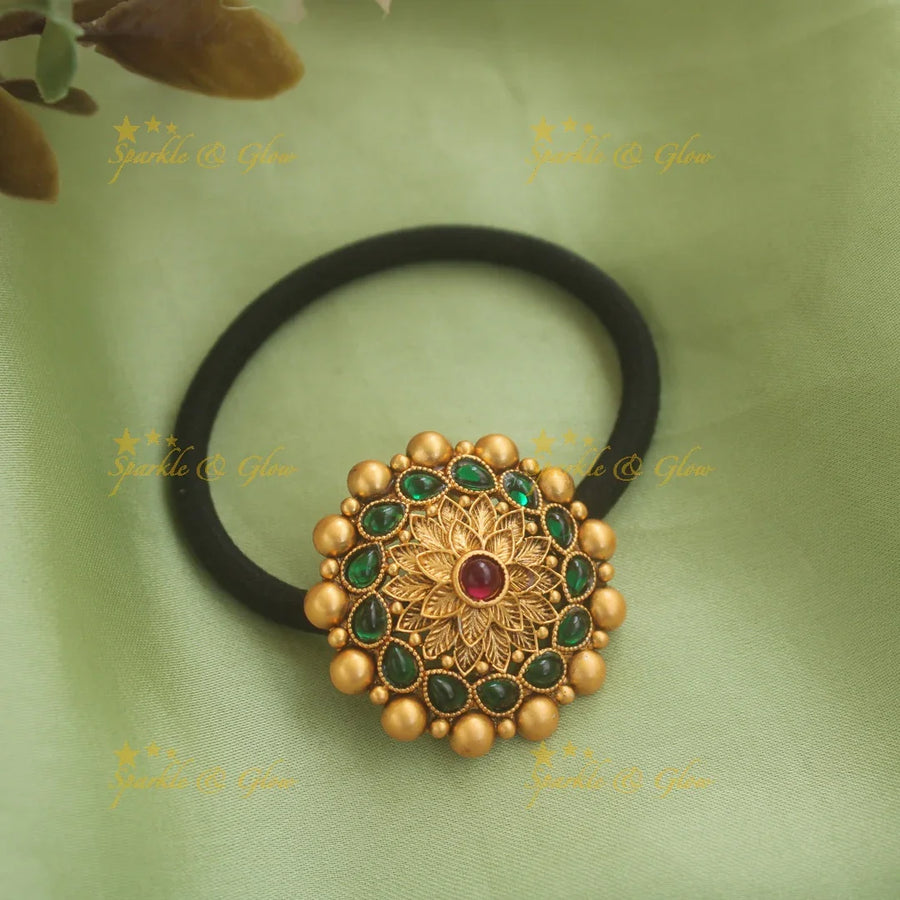 Gold alike floral design hair band with red stones and gold beads - Sparkle and Glow