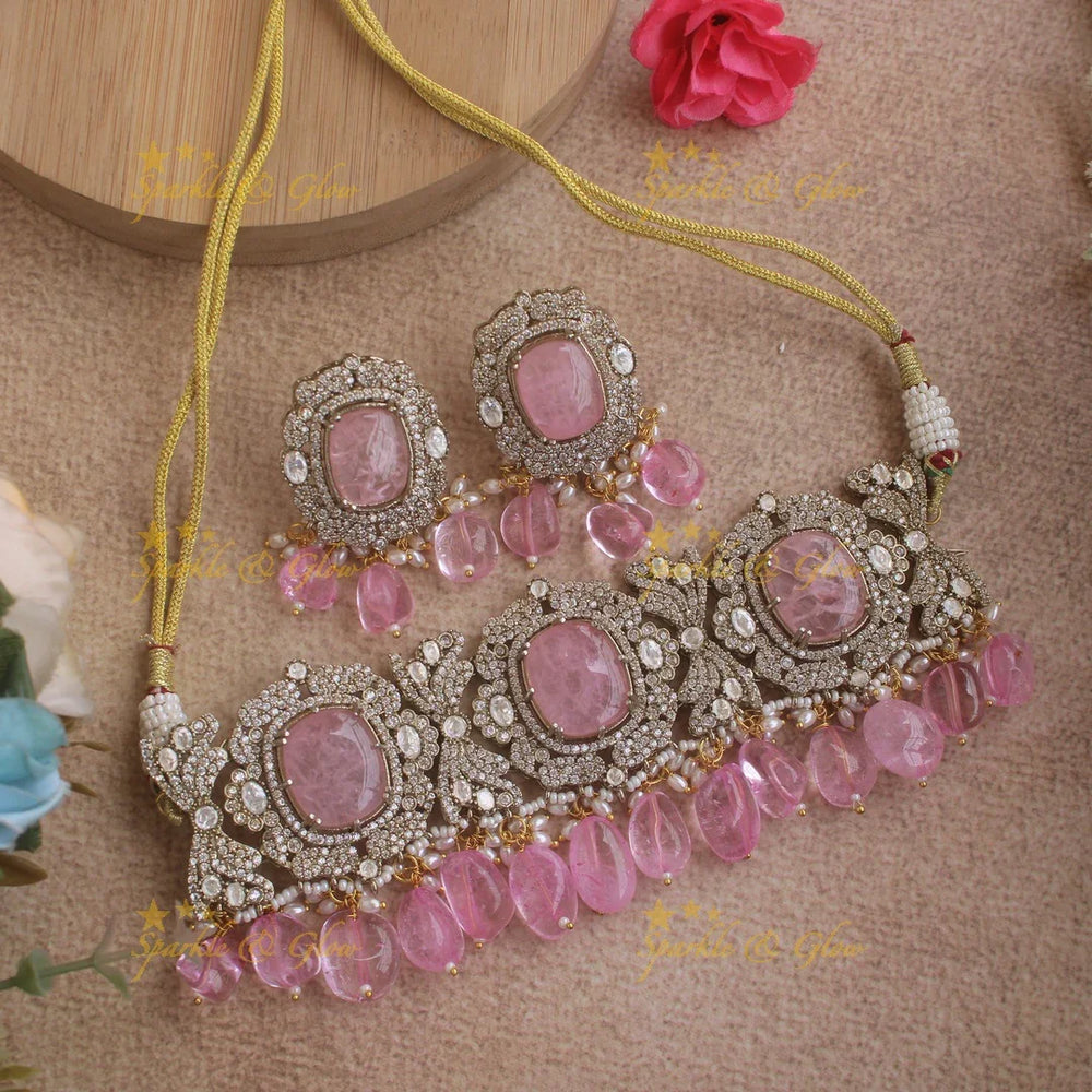 Beautiful Floral design victorian AD choker with stone and beads - purple - Sparkle and Glow