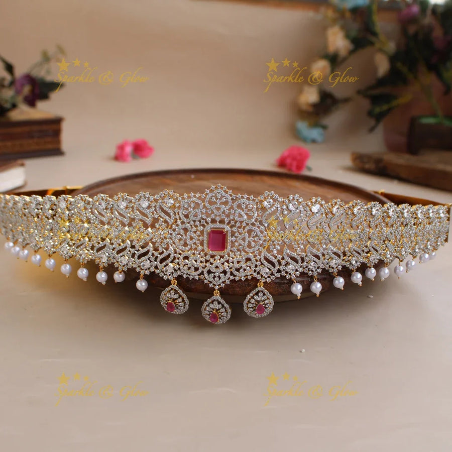Stunning Floral design American diamond hipbelt with ruby and pearl drops - Sparkle and Glow