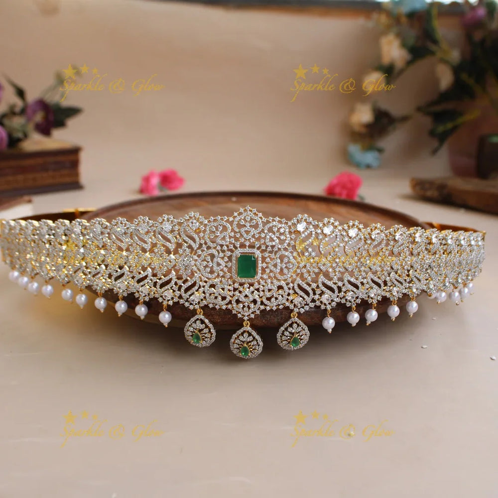 Stunning Floral design American diamond hipbelt with ruby and pearl drops - Sparkle and Glow