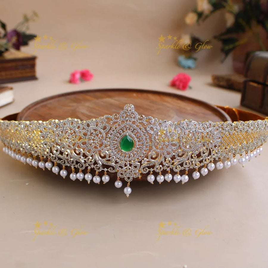 Glittering Floral and branch design American diamond hipbelt with emerald in centre and pearl drops - Sparkle and Glow