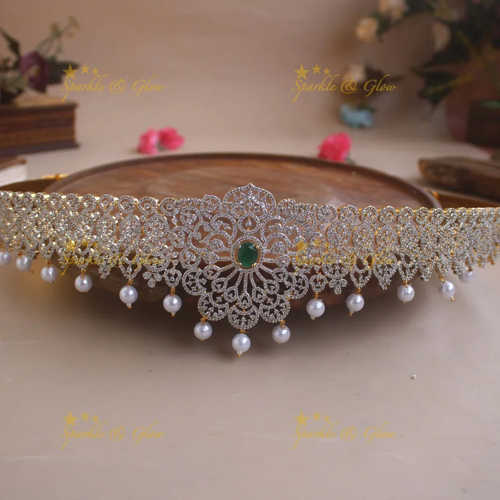 Sparkling Floral design American diamond hipbelt with emerald in centre and pearl drops - Sparkle and Glow