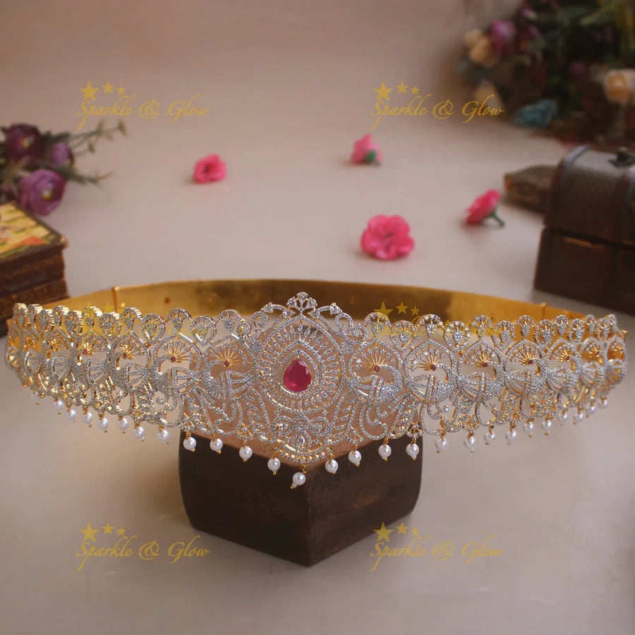 Beautiful Peacock design American diamond hipbelt with ruby and pearl drops - Sparkle and Glow