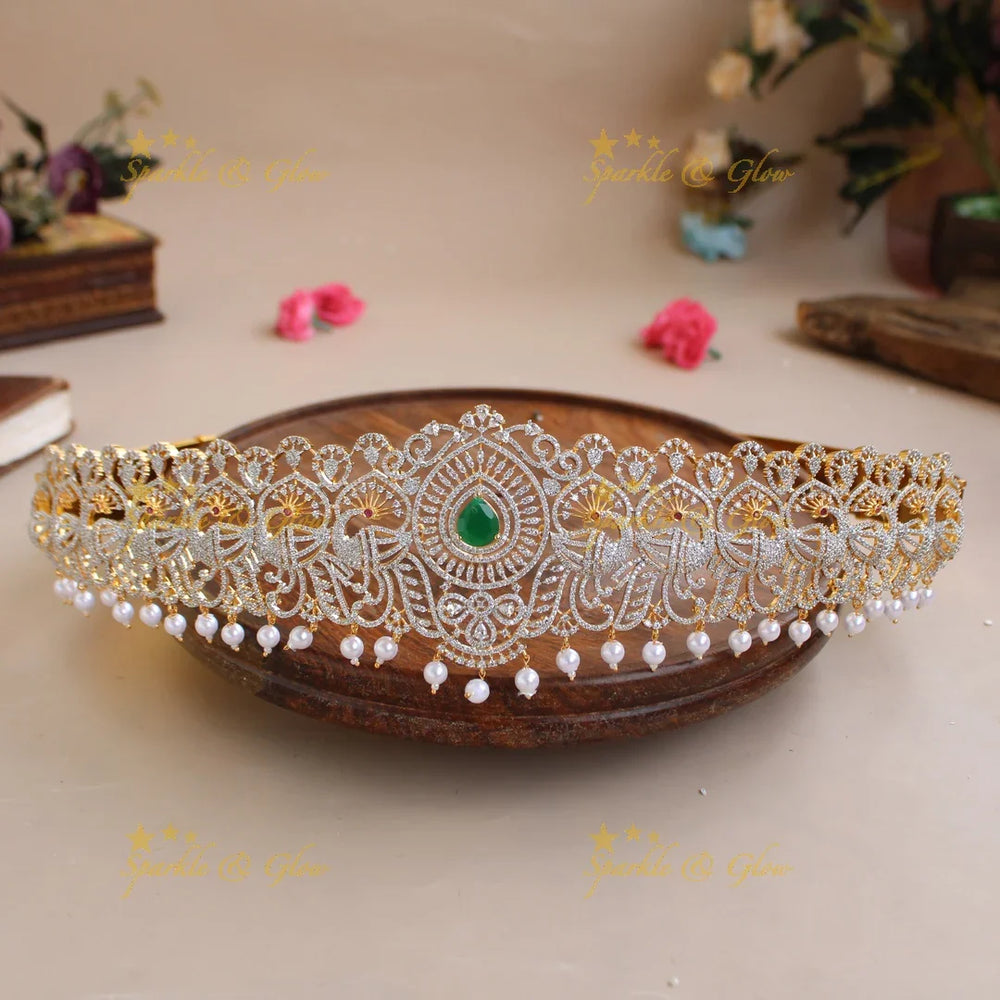 Beautiful Peacock design American diamond hipbelt with ruby and pearl drops - Sparkle and Glow