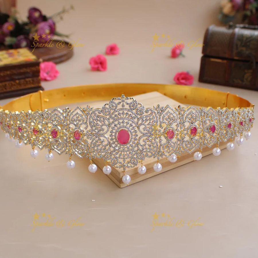 Statement Leaf design American diamond hipbelt with emerald and pearl drops - Sparkle and Glow