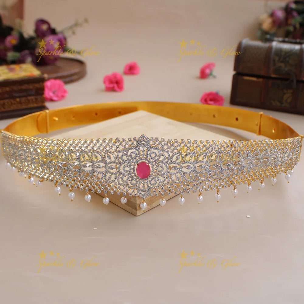 Elegant Floral leaflet design American diamond hipbelt with ruby in centre and pearl drops - Sparkle and Glow