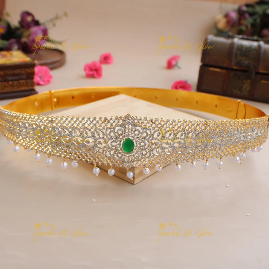 Elegant Floral leaflet design American diamond hipbelt with ruby in centre and pearl drops - Sparkle and Glow