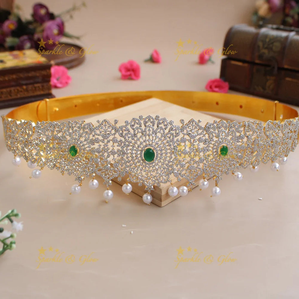 Grand Floral design American diamond hipbelt with emerald and pearl drops - Sparkle and Glow