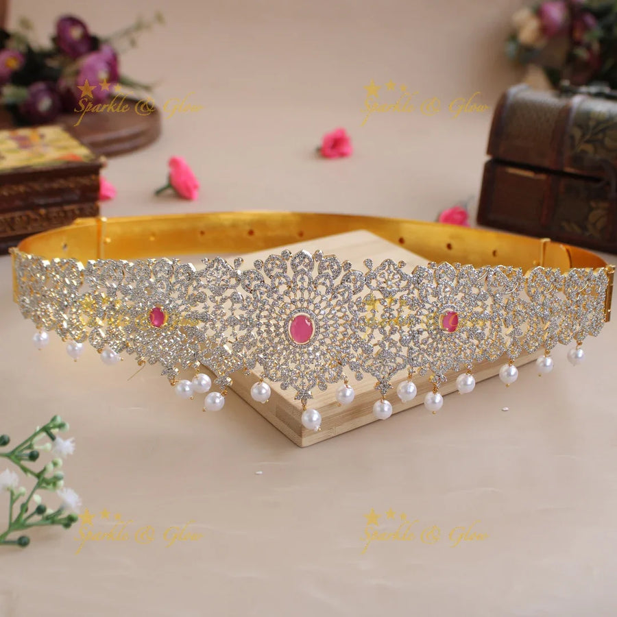 Grand Floral design American diamond hipbelt with emerald and pearl drops - Sparkle and Glow