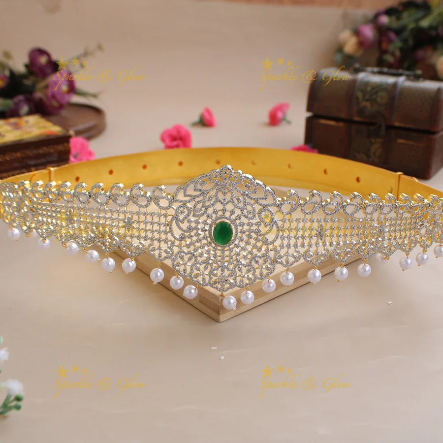 Stunning American diamond hipbelt with emerald and pearl drops - Sparkle and Glow