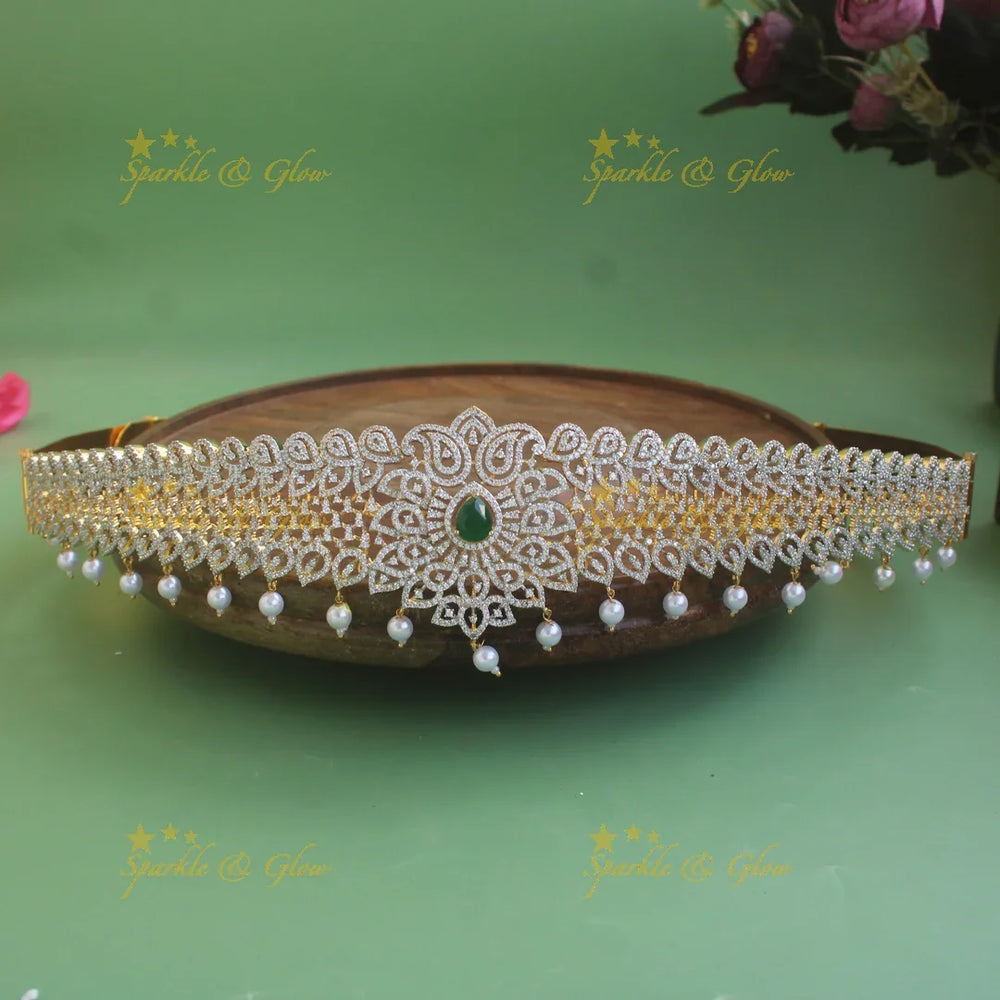 Statement Floral and Mango design American diamond hipbelt with emerald and pearl drops - Sparkle and Glow