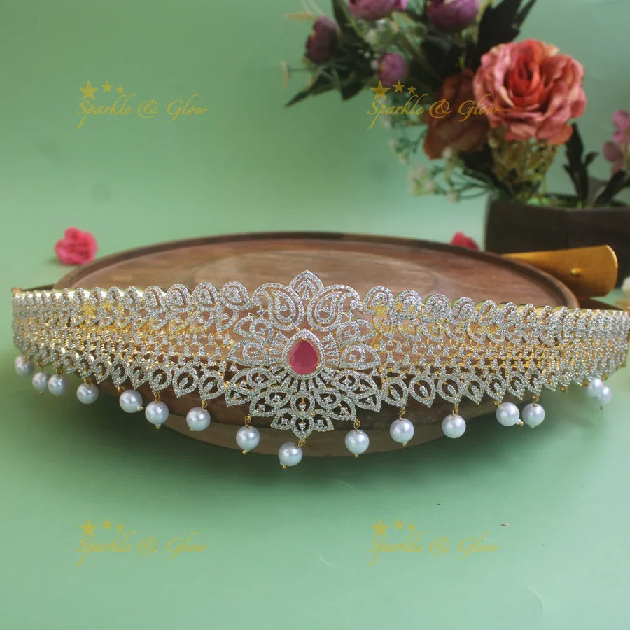 Statement Floral and Mango design American diamond hipbelt with emerald and pearl drops - Sparkle and Glow
